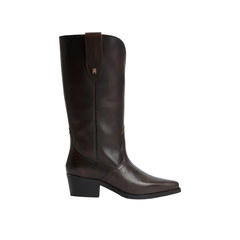Brown leather cowboy boots with monogram, Tommy Hilfiger
